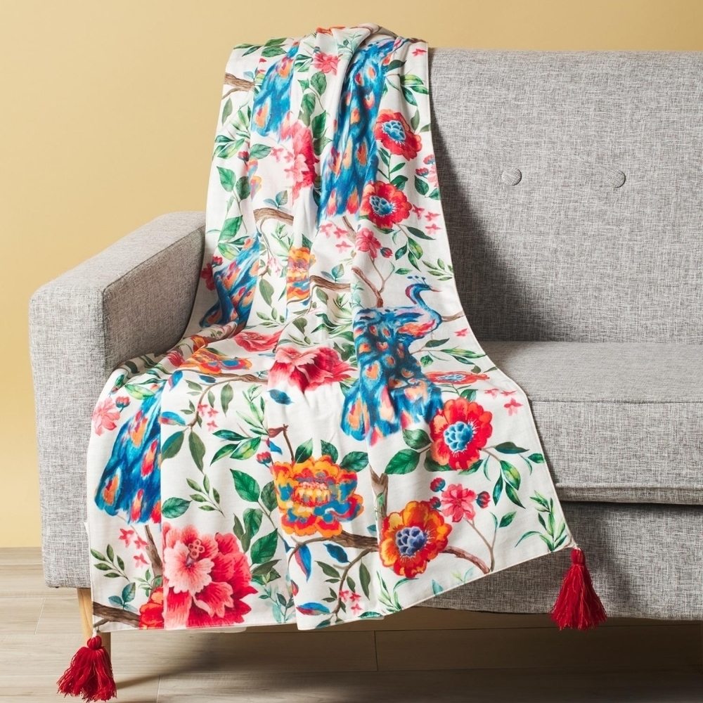 Peacock Floral Throw Blanket w/ Tassels  Made in India NWT